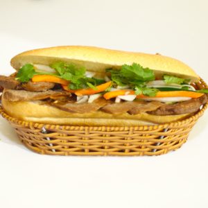 Vegan Beef Steak Banh Mi Sandwich with Soy Protein, Hoisin Sauce, and Fresh Veggies
