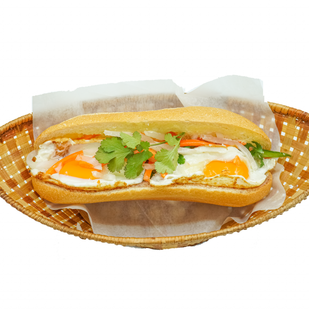 Classic Vietnamese Breakfast Banh Mi Op La with Fried Eggs, Pate, Mayo, and Pickled Veggies